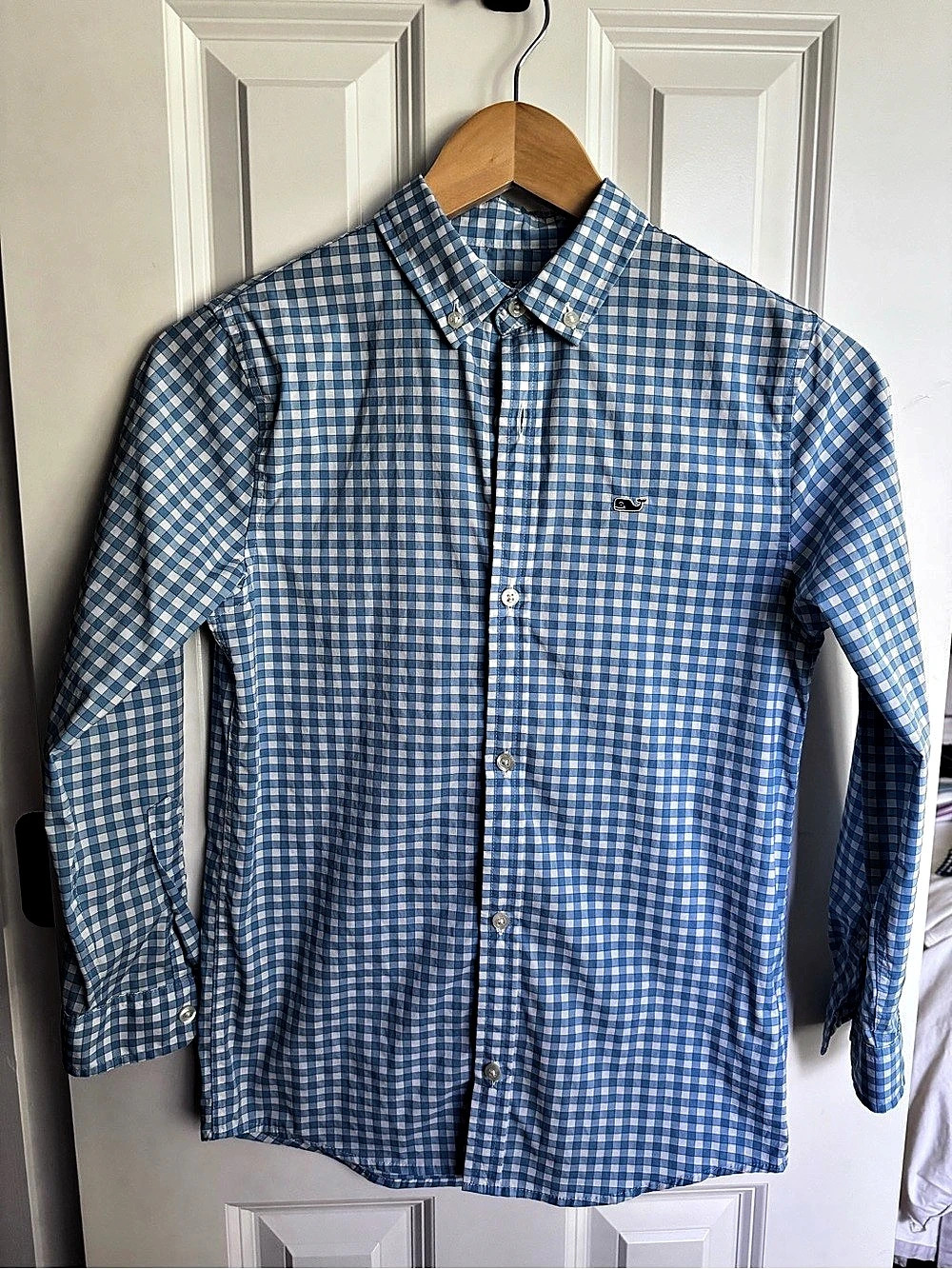 Boys vineyard vines Performance Whale Shirt Gingham Button Down Blue & White
